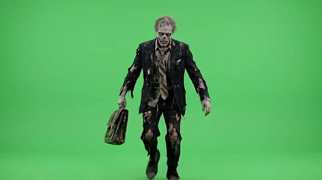 Halloween zombie businessman in tattered suit walking on green screen