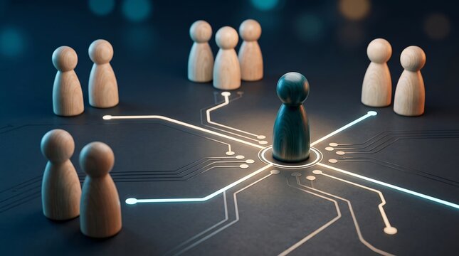 Dark wooden leader figurine standing at center of glowing circuit network connecting peripheral team members showcasing strategic leadership and centralized communication 3D render graphic