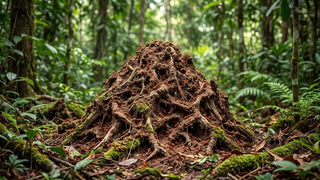 Large red ant colony mound centered in a lush green tropical forest landscape background