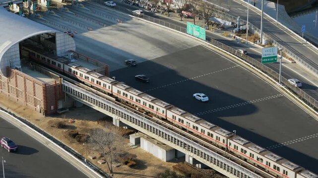 Beijing, China Elevated Subway Train Running