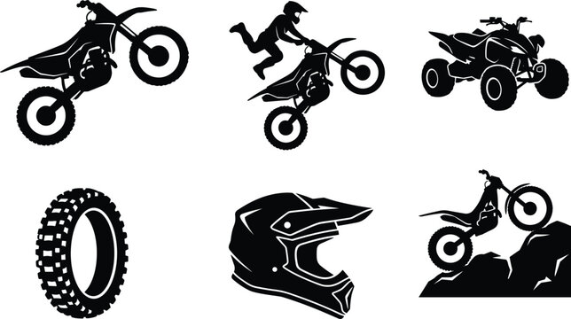 Black Silhouette Icon Set of Motocross Dirt Bike, Freestyle Rider Jump, ATV Quad, Off Road Tire, Racing Helmet and Rock Climbing Trial Bike