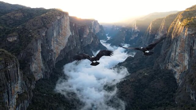 Majestic Condors Soaring Gracefully Through Sunlit Canyon Over Mist