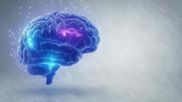 Medical - 3D animation of a human brain glowing with electrical activity and neural impulses in a lateral view representing neurological research and cognitive function