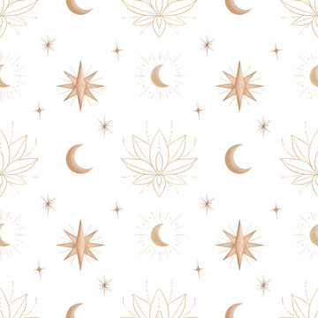 Seamless watercolor hand drawn pattern with illustrations of lotus and moon and stars. For textile, fabric, decor and design. 