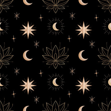 Seamless watercolor hand drawn pattern with illustrations of lotus and moon and stars. For textile, fabric, decor and design. 