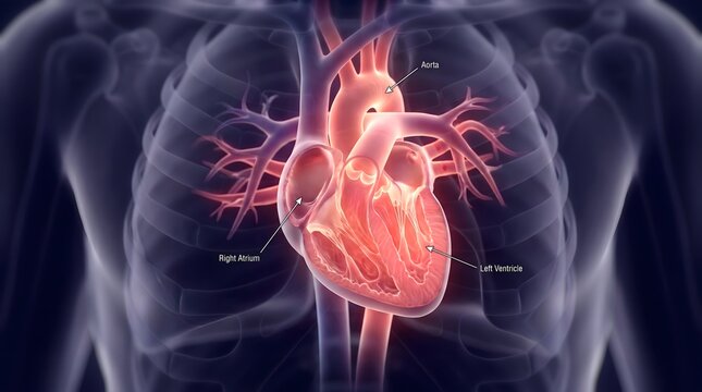 Human Heart Anatomy with Visible Chest Cavity and Blood Vessels.