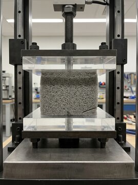 Industrial Compression Testing Machine Applying Pressure to a Gray Porous Foam Sample in a Materials Science Laboratory Environment for Quality Control and Mechanical Property Analysis Research Testin