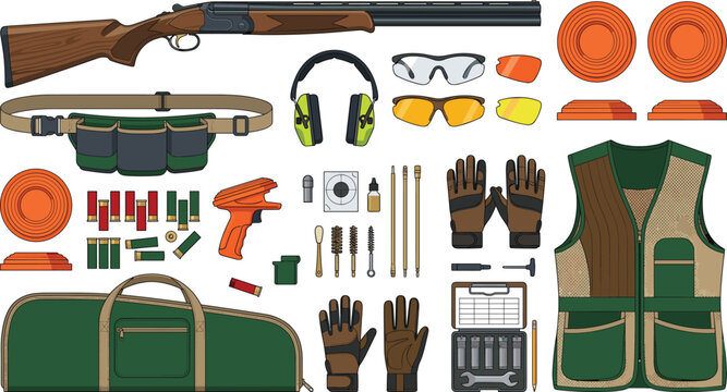 Clay Pigeon Shooting Vector Set with Shotgun Clay Targets Hunting Vest and Safety Gear for Skeet Trap Target Sports and Outdoor Recreation Designs
