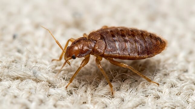 Close up view of a small brown bed bug crawling on a textured surface showing detailed body parts and legs macro photo