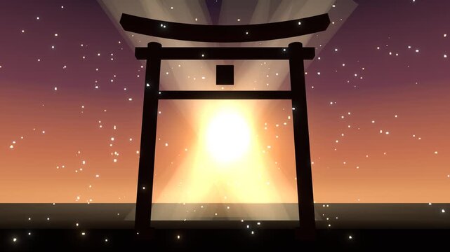 Torii gate silhouette against glowing sunrise with light rays