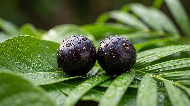 Two dark round berries with water drops resting on a large wet green tropical palm leaf in a natural forest setting