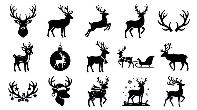 A collection of black silhouette icons featuring various reindeer poses antlers and christmas holiday themes isolated on a white background