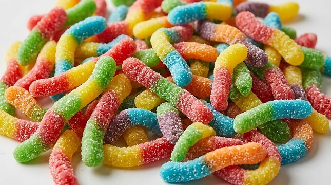 A pile of colorful gummy worm candies with sugar coating for a sweet treat
