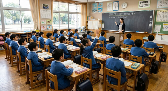 Japanese elementary school 3rd grade classroom: students in uniform with raised hands, teacher at the blackboard during Japanese class.