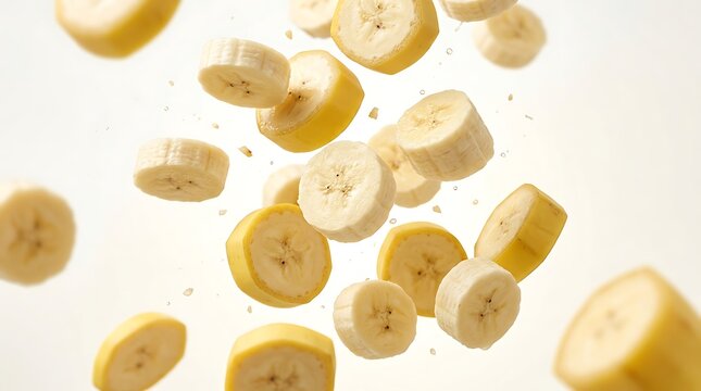 Fresh banana slices falling down in the air for a healthy fruit snack concept with bright yellow colors