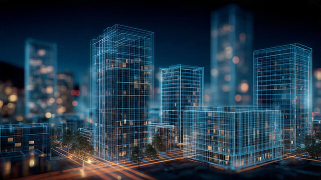 Wireframe buildings forming a modern city represent smart urban development and digital architecture.
