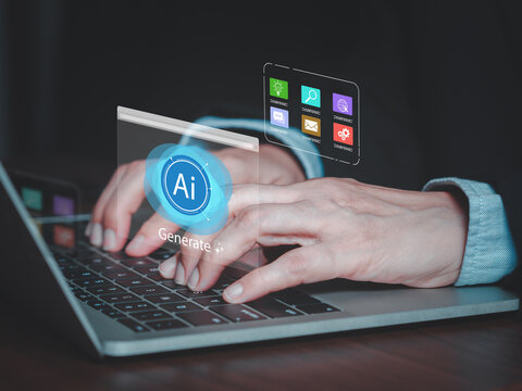 Close up hands typing on laptop keyboard with futuristic hologram overlay of Ai Generate button and digital icons. Concept of artificial intelligence, generative technology, and content automation.