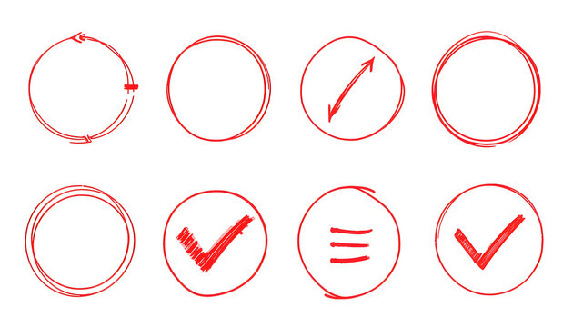 Hand drawn pen line highlight red set. Line red hand drawn pen marker stroke underline, arrow, check mark emphasis. Round oval, circle scribble frame, arrow elements .