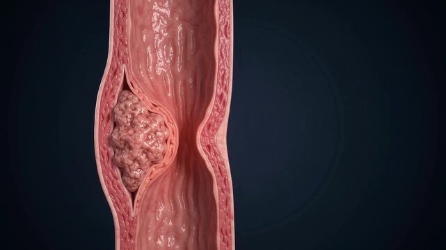 Human cancer anatomy tumor growth inside organ wall with detailed tissue layers and realistic texture medical illustration showing abnormal cell mass highlighting disease progression biology