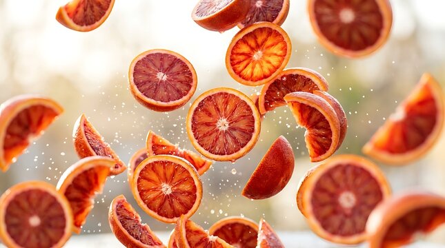 Fresh red blood orange slices falling in water with bubbles as a healthy food concept for cooking and diet