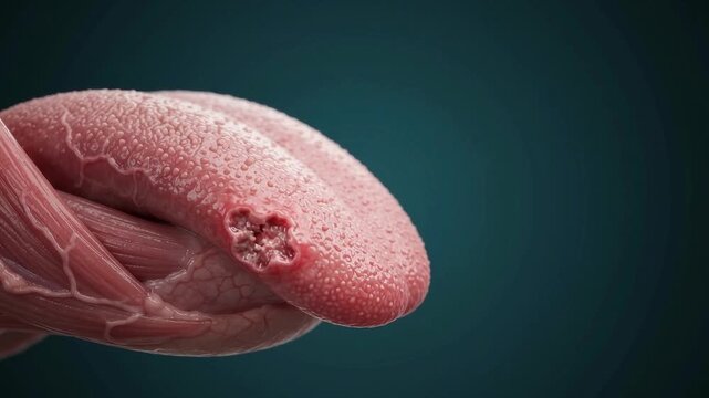 Tongue cancer lesion anatomy showing detailed muscle tissue structure and ulcer texture in medical biology illustration of organ for educational and clinical reference