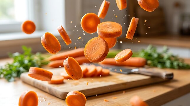 Fresh orange carrot slices falling in mid air above a wooden cutting board in a sunny modern kitchen for healthy food