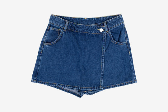 Dark blue denim wrap skort with button detail, shorts skirt flat lay on light gray studio background