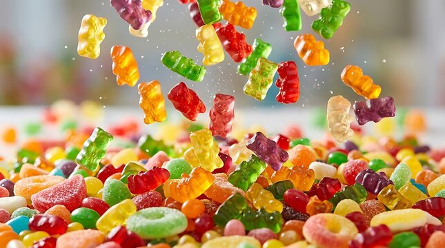 Many colorful gummy bear candies falling down into a big pile of assorted sweet jelly snacks in a bright kitchen