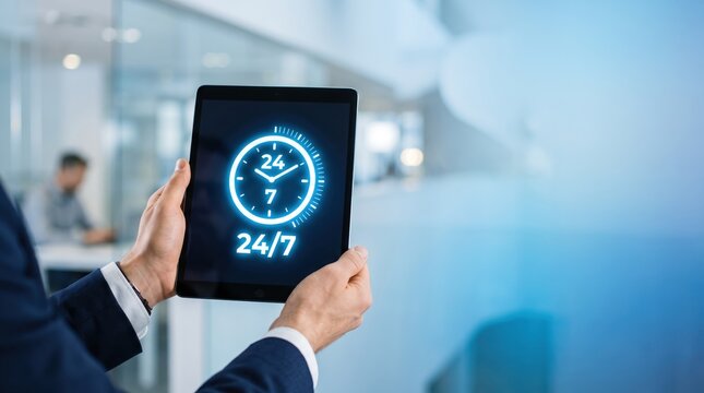 Person holding a tablet displaying a glowing clock icon with 24/7 text symbolizing round-the-clock customer support, availability and continuous service for business and