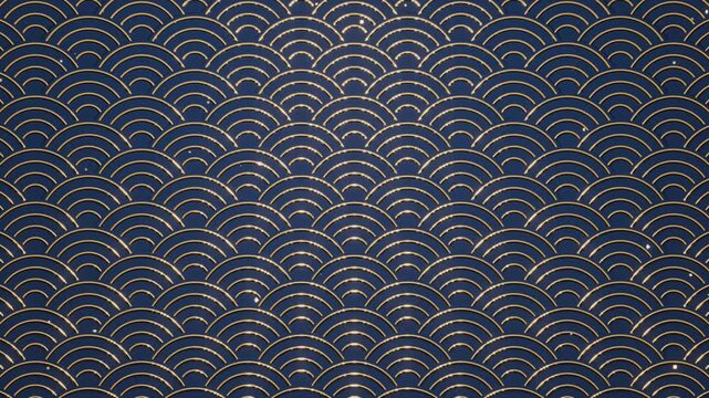 Gold seigaiha Japanese wave pattern flowing on a deep blue background