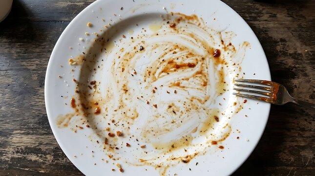 Empty white plate with food scraps and a metal fork on a dark wooden table top seen from above for a meal concept