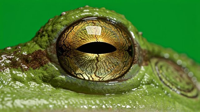 Extreme close up of wild frog eye with golden iris on green screen