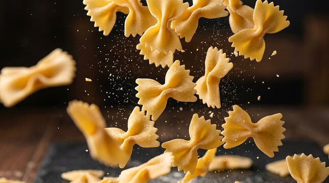 Raw farfalle pasta pieces falling in the air isolated on a dark black background with flour dust particles motion