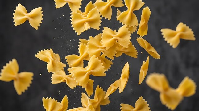Raw farfalle pasta bow ties falling and flying in the air on a dark black background for culinary food photography