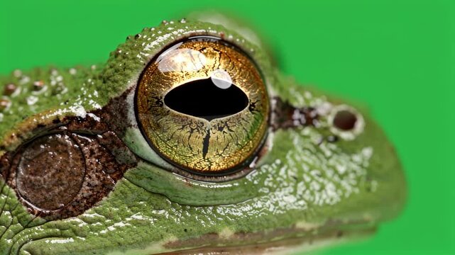 Extreme close up macro shot of wild frog eye on green screen background