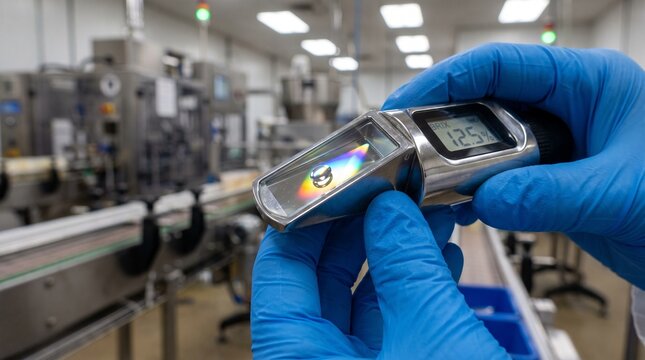 Close-up of a hand in a blue glove using a digital refractometer to measure Brix (12.5%) for quality control on a food or beverage. 