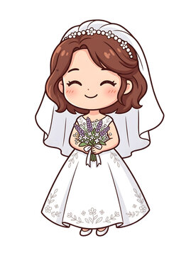 Chibi bride with flower bouquet and veil illustration in a cute cartoon style