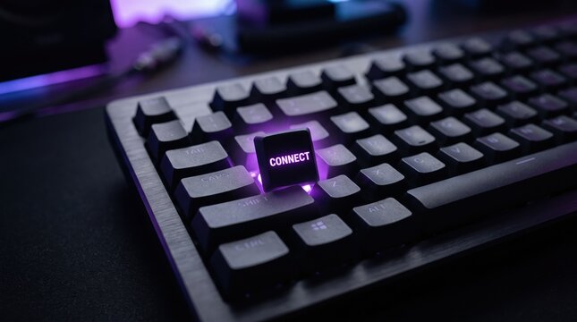 Gaming keyboard with a custom keycap displaying the word CONNECT illuminated by purple backlighting, symbolizing networking, online gaming, digital communication