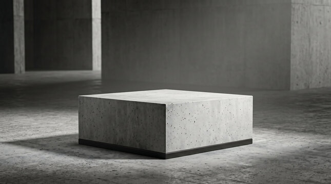 Square concrete block podium pedestal with black base trim on industrial studio floor, brutalist minimal cement stage mockup for product display presentation.