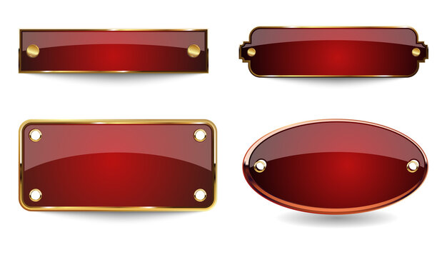 Set of glossy red metal nameplates isolated on a transparent background