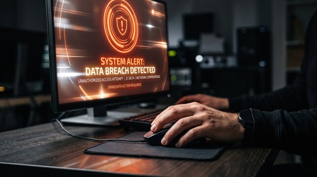 Computer screen displaying a system alert for a detected data breach with warning text and shield icon, hands typing on keyboard during a cyber attack