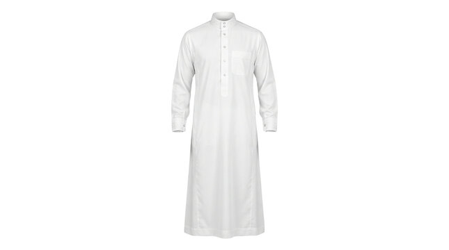 White thobe long sleeve thawb shirt, traditional men dishdasha kandura tunic, Islamic cultural attire for prayer and Ramadan isolated PNG with Transparent Background