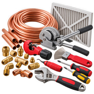 Hvac repair tools, including copper tubing coil, pipe bender, tube cutter, brass fittings, screwdrivers, and an air filter on black background
