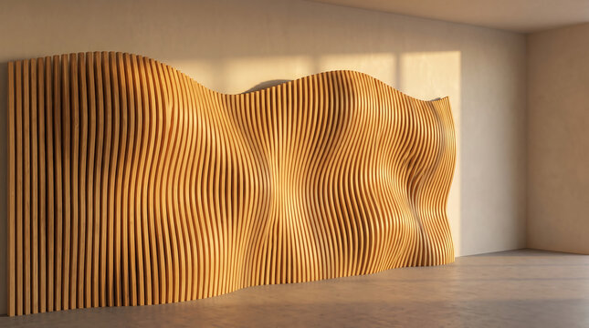 Undulating parametric wood slat wall sculpture in golden hour light inside empty concrete room, contemporary interior design installation
