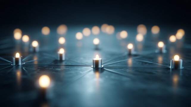Connected illuminated nodes form a digital network representing data communication distributed systems and technological connectivity.
