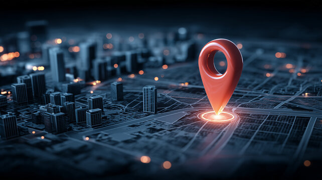 A location pin placed on a city map represents navigation, destination tracking and geographic search.
