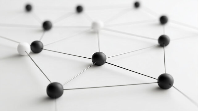 Connected spheres linked by lines represent digital networking and information exchange.
