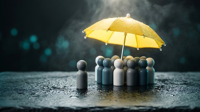 Insurance and protection concept with yellow umbrella over group of people figures, safety and security metaphor for business risk management, life coverage and financial stability