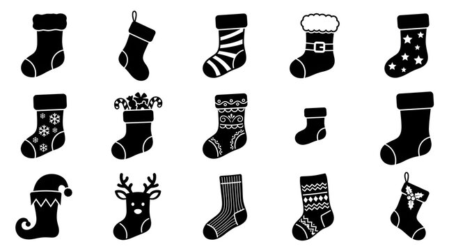 A collection of fifteen black and white vector icons representing various christmas stockings with different patterns and festive holiday designs