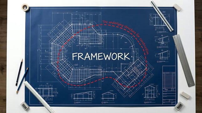 Meticulously crafted architectural blueprint with 'FRAMEWORK' text and red dashed line, showcasing planning and design.